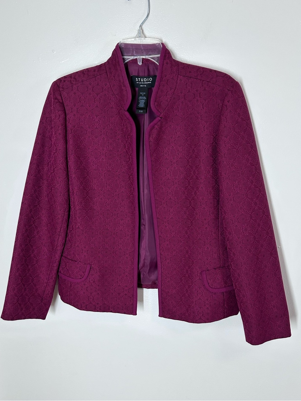 Studio Liz Claiborne Petite Open front Magenta Jacquard Brocade Blazer 12P